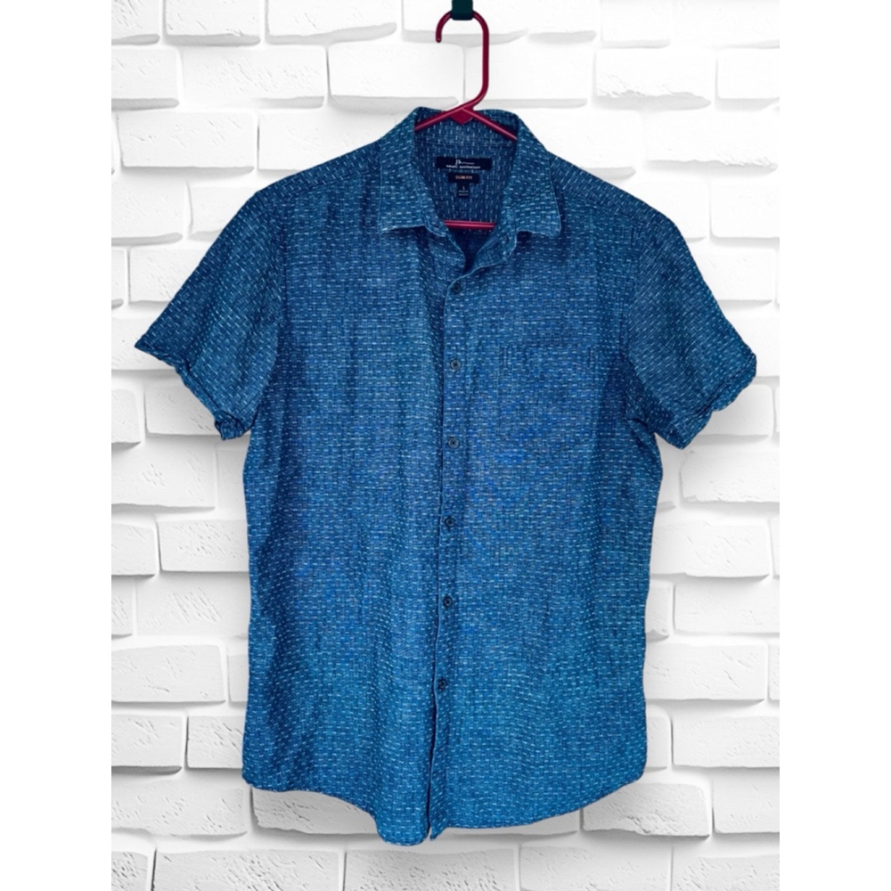 Marc Anthony Mens Large Blue Slim Fit Short Sleeved Button Up Denim Style Shirt